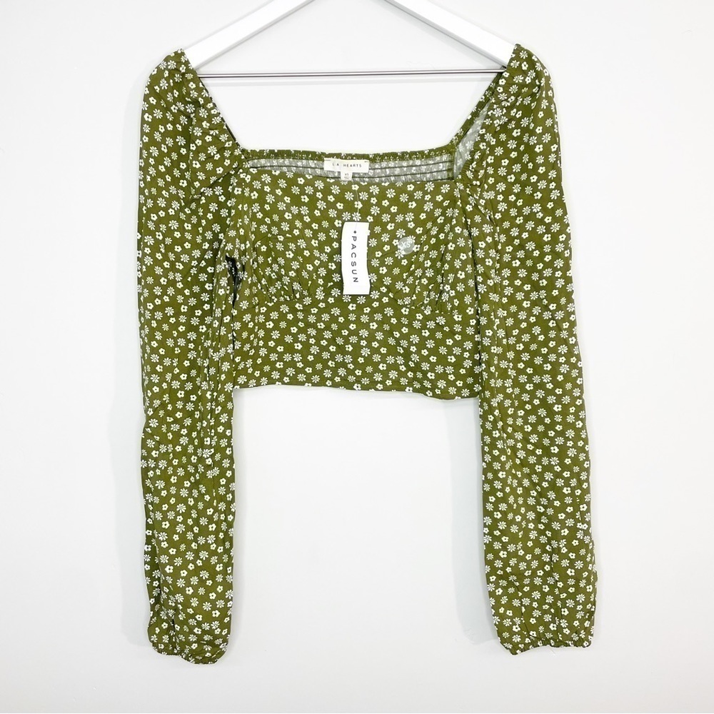 𝅺NWT PacSun LA Hearts Square Neck Long Sleeve Floral Crop Top Size XS
